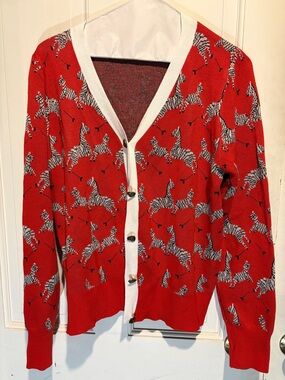 Red Zebra-Print V-Neck Cardigan Sweater